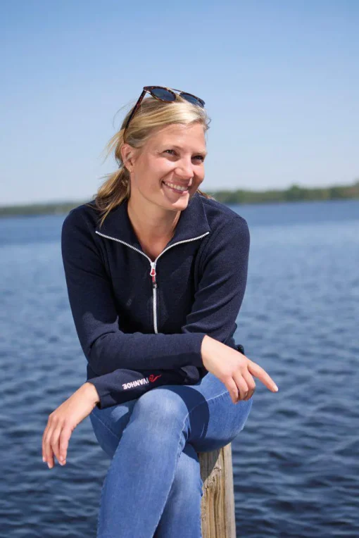 HEDDA FULL ZIP, 100% EXTRA FINE MERINOULL — STEELBLUE