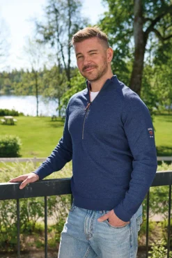 JOJJE HALF ZIP, 100% EXTRA FINE MERINOULL — STEELBLUE