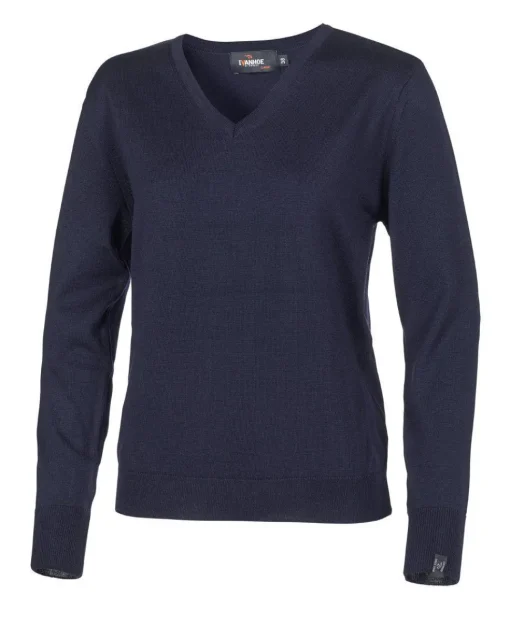 MERINO V-NECK FEMALE, 100% EXTRA FINE MERINOULL — NAVY