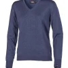 MERINO V-NECK FEMALE, 100% EXTRA FINE MERINOULL — STEELBLUE