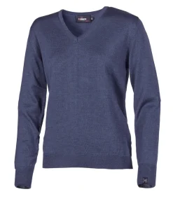 MERINO V-NECK FEMALE, 100% EXTRA FINE MERINOULL — STEELBLUE
