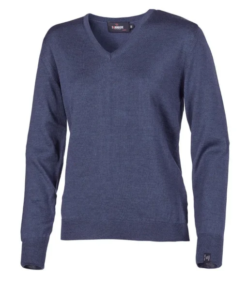 MERINO V-NECK FEMALE, 100% EXTRA FINE MERINOULL — STEELBLUE