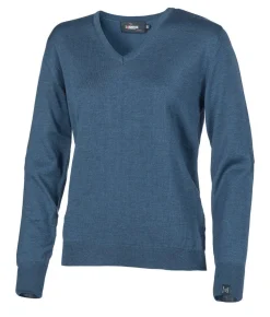 MERINO V-NECK FEMALE, 100% EXTRA FINE MERINOULL — STEELBLUE