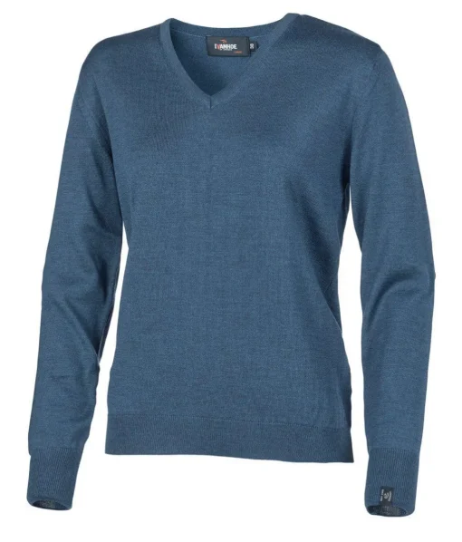 MERINO V-NECK FEMALE, 100% EXTRA FINE MERINOULL — STEELBLUE